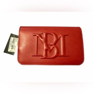 Badgley Mischka Bag Red Debossed Logo Purse Vegan Leather; gold chain Clutch NWT